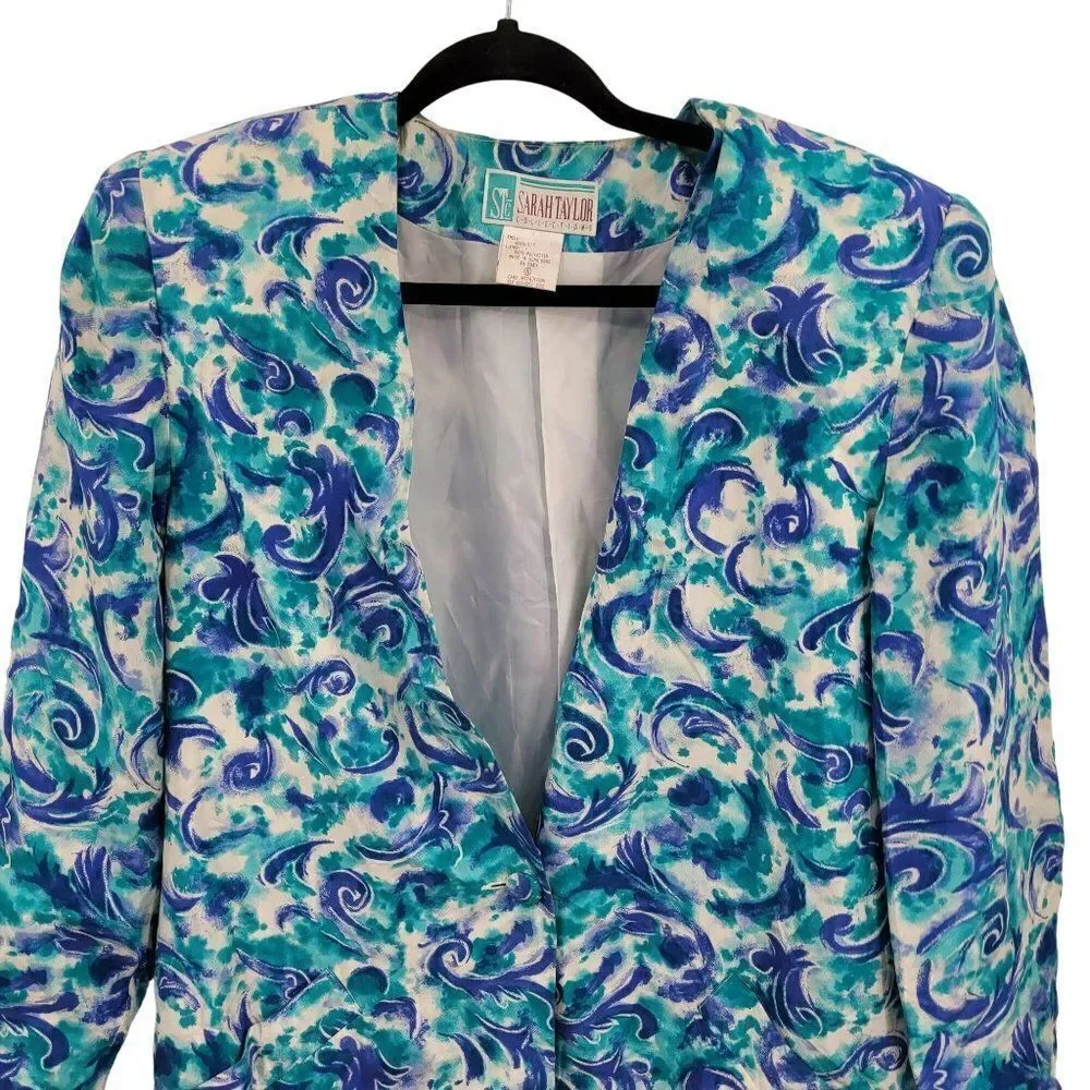 Vintage 80's Blazer Silk Duster Single Breasted Button‎ Longline Blue Swirl 6